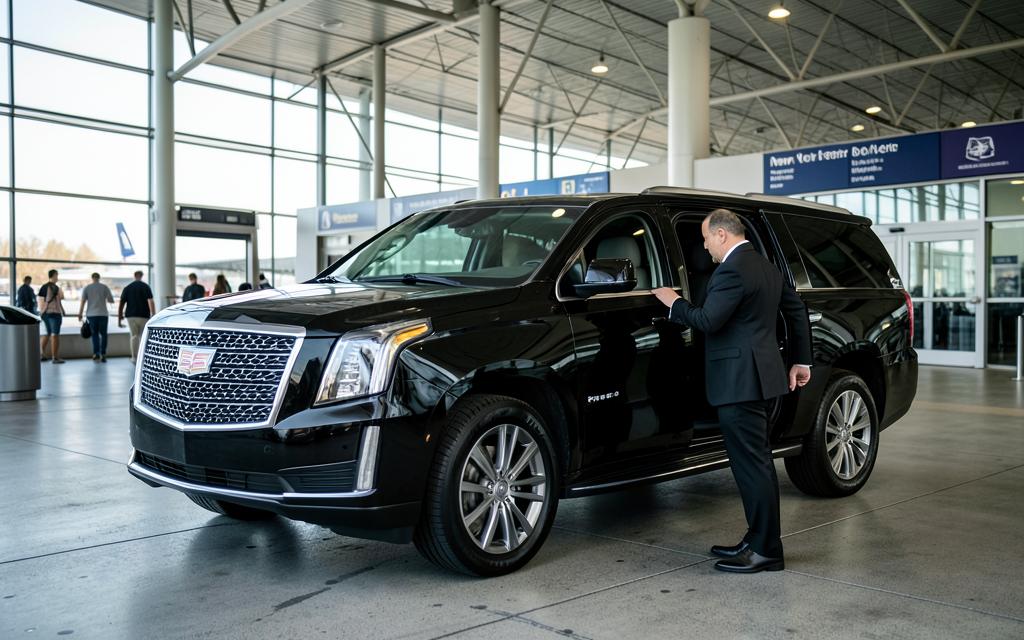 Professional chauffeur opening a black Cadillac Escalade at an airport terminal