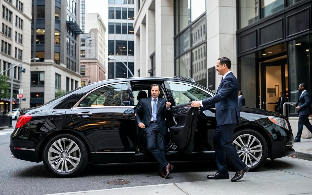 Executive arriving by chauffeured black luxury sedan in Manhattan