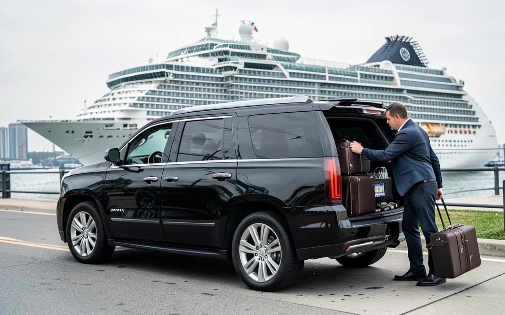 Chauffeur loading luggage into a black Cadillac Escalade by a cruise terminal