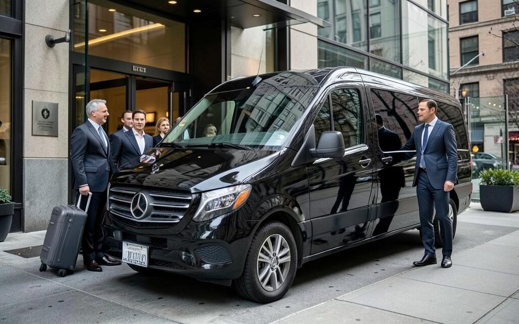 Executive group boarding a black Mercedes luxury Sprinter in Manhattan
