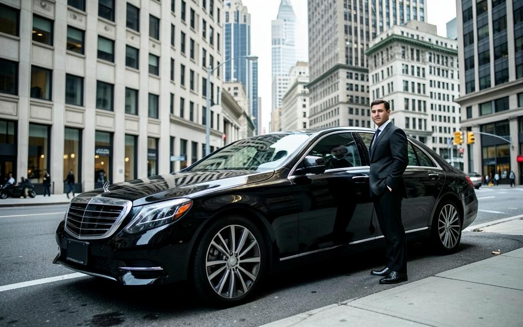 Black Mercedes-Benz S-Class with a chauffeur in Midtown Manhattan