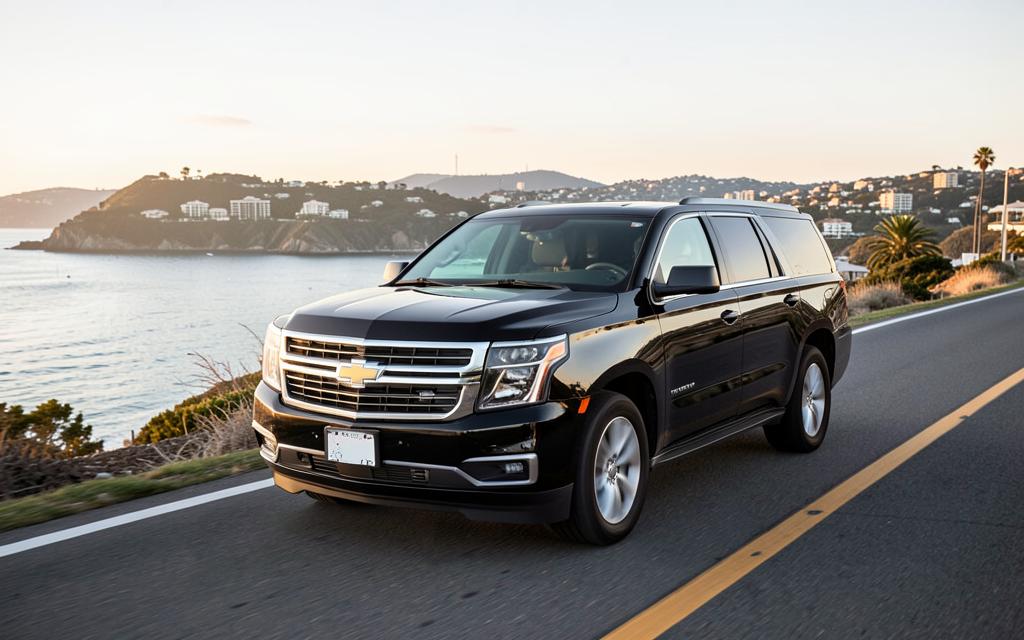 Black Chevrolet Suburban traveling on a scenic coastal road