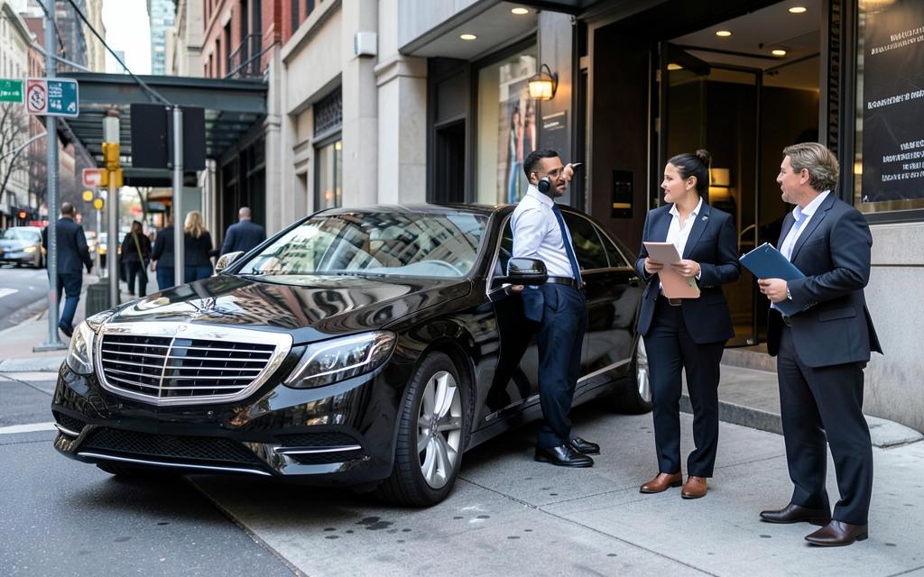 Business travelers meeting their chauffeur beside a black Mercedes-Benz sedan