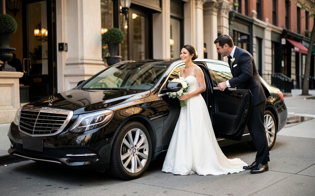 Newlywed couple beside a chauffeured black Mercedes-Benz sedan